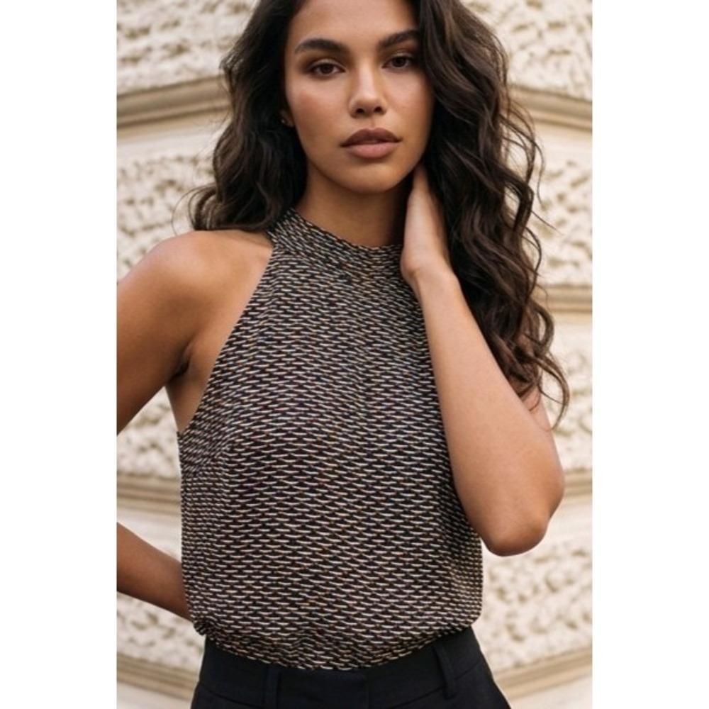 White House Black Market SZ 10 Black Multicolor Halter Blouse Sleeveless Lined